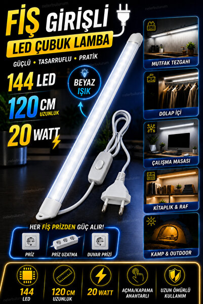 nelerbulurum Fiş Girişli 120 Cm 20 Watt 144 Led Çubuk Led Lamba Soğuk Beyaz D...