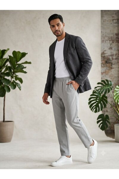 sis moda erkek beli lastikli bağcıklı jogger gri keten kumaş pantolon rahat k...