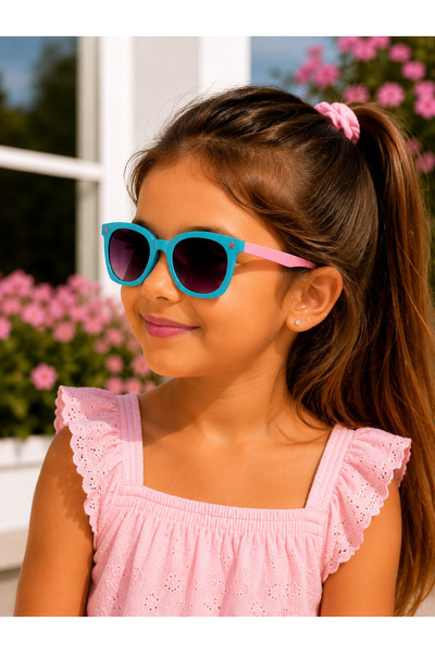 Bymiel Girl's Turquoise Framed Pink Handle Uv400 Sunglasses – Star Detail