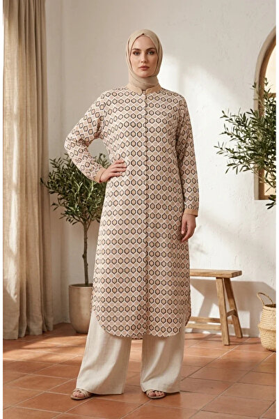 sefamerve Geometric Patterned Buttoned Tunic 2299-04 Beige