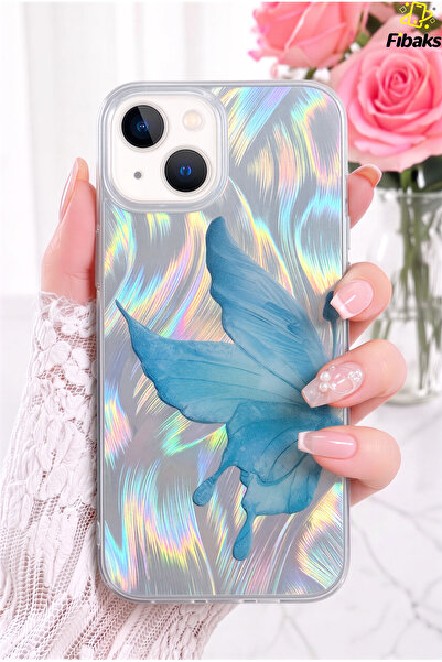 Fibaks iPhone 13/14/15 Kılıf Parlak Hologram Kelebek Desenli Şeffaf Silikon |...