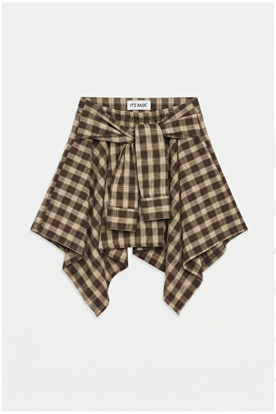 it's basic Women's Brown Plaid Asymmetrical Cut Skirt with Shorts
