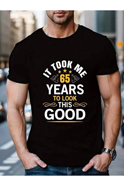 9TAY تي شيرت رجالي أسود للعطلات بتصميم 65 عامًا، مصنوع من القطن 100%، برقبة د...