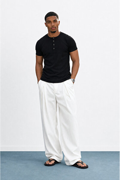 Respire Men's Deep Pleated Fabric Baggy Trousers Ecru