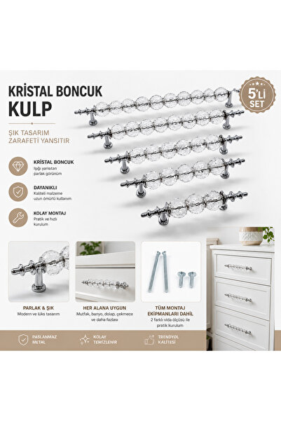 Arion Kristal Şeffaf Cam Gümüş Dolap Çekmece Kulp 64-96-128-160-192-224
