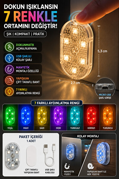 indirimsevinci Dokunmatik Mini 7 LED RGB USB Şarjlı Torpido Ayak Altı Lambası...