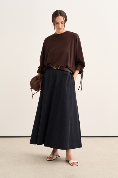 EBU Prive Women's Flared Jean Skirt Pants Dark Navy Blue
