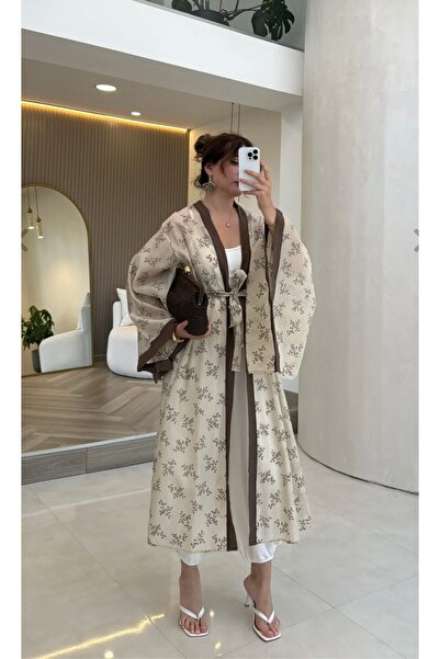 LİNDALİNA TEKSTİL Keten Nakışlı Kuşaklı Uzun Kimono