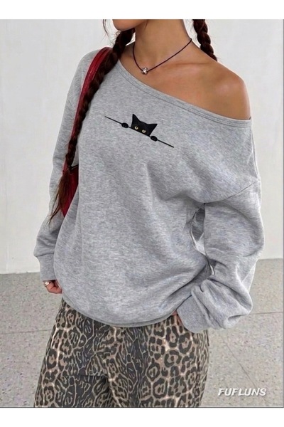 FUFLUNS Minik Cat Printed Oversized Women's Boat Neck Sweatshirt