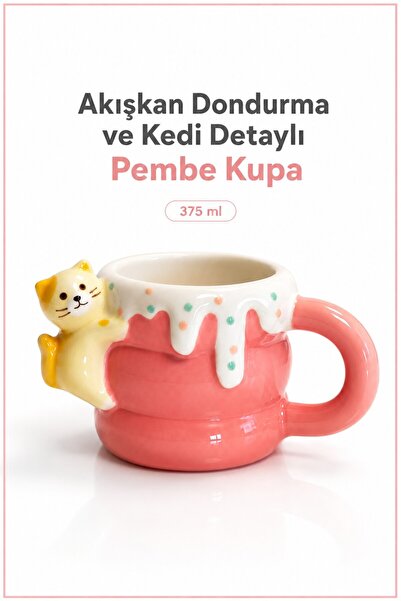 Rosie Akışkan Dondurma ve Kedi Detaylı Pembe Kupa 375 ml