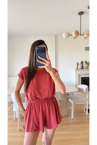 GAUS CO Kiremit OYS Model Beli Lastikli Modal Şort Tulum GAUS-01705