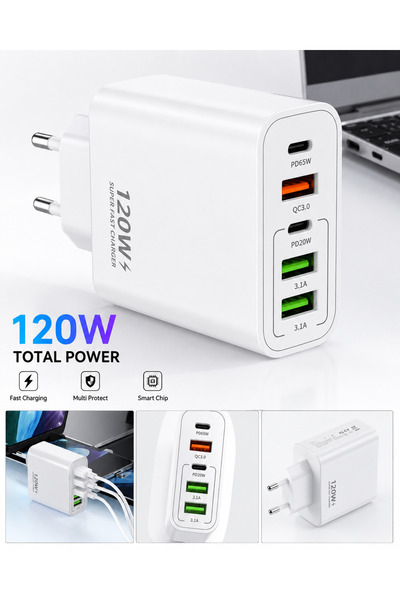 Generic Brand 120W USB Charger with 5 Ports – 2 x USB-C PD 65W + 3 x USB QC 3...