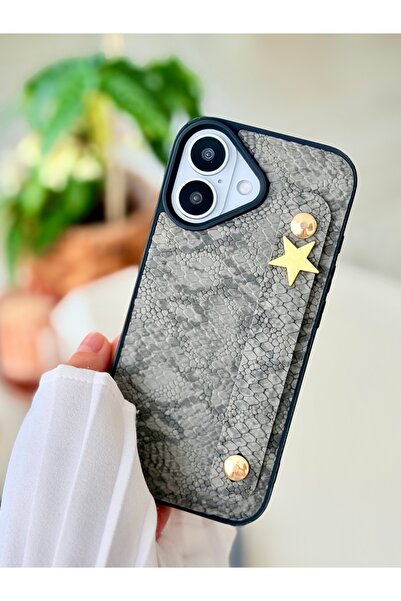 Go Aksesuar Iphone 16 Uyumlu Tutacaklı Yıldız Tasarımlı Deri Görünümlü Esnek Silikon Kılıf