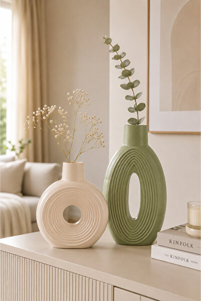 Natura Home Decor Nordic Stone Decorative Sage Green & Sand Beige Vase Set