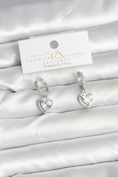 Mega Bazaar Brass Silver Color Zircon Stone Heart Model Women's Earrings