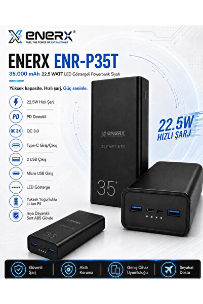 ENERX ENR-P35T 35.000 mAh 22.5Watt Hızlı Şarj Powerbank – Siyah
