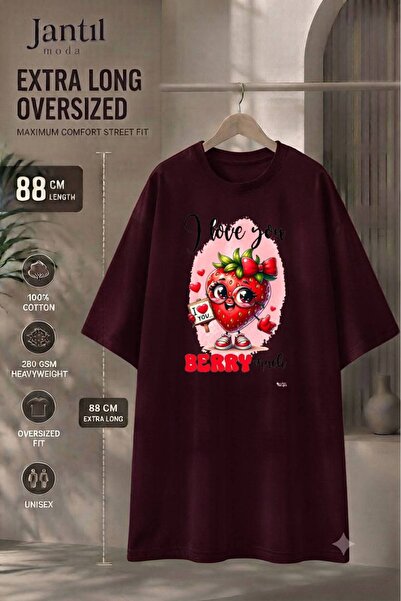 JANTIL MODA Burgundy Women's Oversized Cut Printed Long Tunic T-Shirt - Crew ...