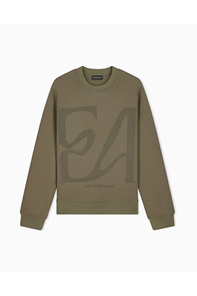 Emporio Armani سويت شيرت رجالي كبير الحجم مزين بشعار مخملي من القطن المزدوج ب...