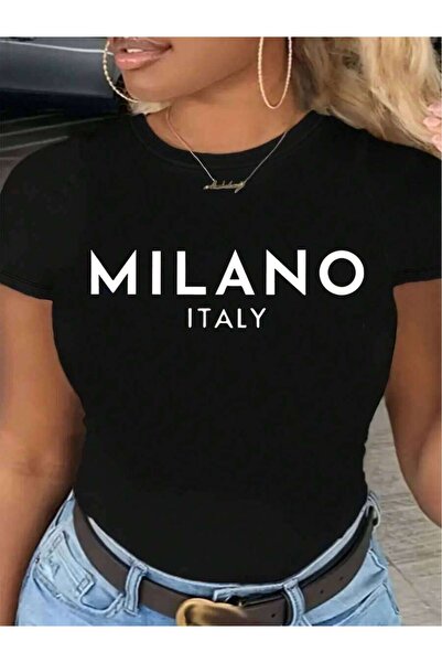 4CR Round Neck T-Shirt With Milano Letter Print, Casual Short Sleeve Pants Fo...