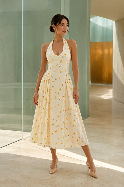 1434 Polo State Women's Yellow Lemon Patterned Halter Neck Low Waist Midi Dress