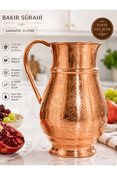 gulflower nude El Yapımı Bakır Sürahi 3 Litre | İçi Kalaylı %100 Saf Bakır Su...