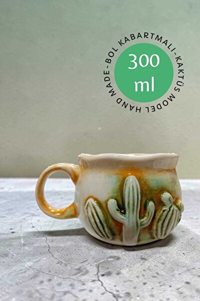 Salizera Cactus Embossed Handmade 300 ml Ceramic Design Mug-Gift Mug Cup-Abun...