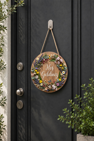 Lucena Wooden Door Ornament with Welcome Sign and Flowers Mdf Wall Decoration