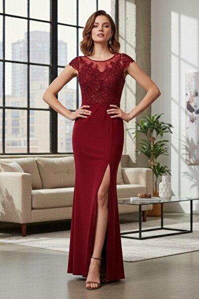 OEM Rochie lungă elegantă de damă cu paiete, șliț frontal și mânecă scurtă, A...