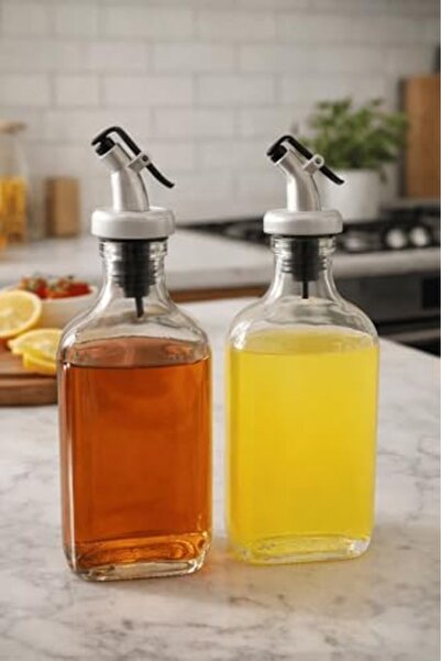 Yıldızan 2-Piece Transparent Glass Flat Oil Bottle - 200ml with Leak-Proof St...