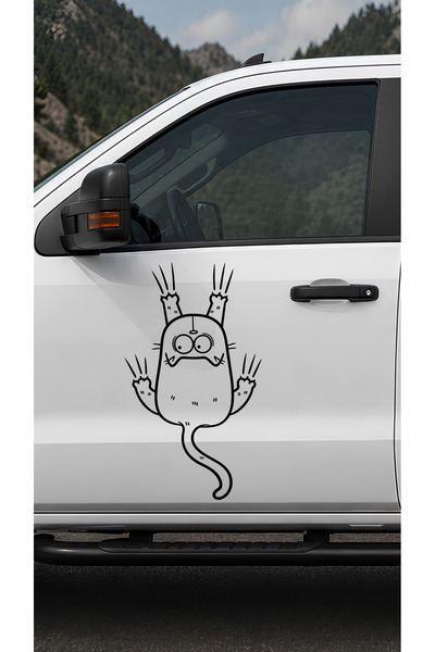 sticker Komik Tırmanan Kedi Araba Stickerı 26x43 cm Folyo Kesim Oto Vinil Ara...