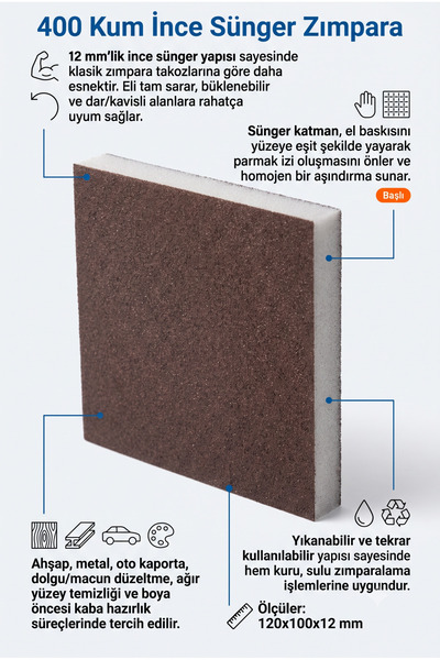 Genel Markalar 400 Kum Esnek İnce Sünger Zımpara 120x100x12 mm - Ahşap Metal ...