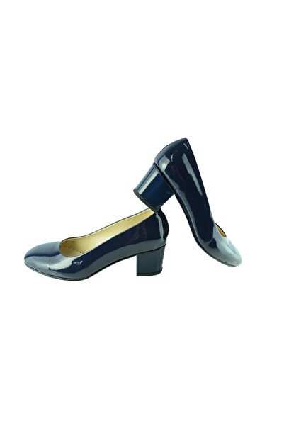 OEM Pantof clasic cu toc patrat, de culoare bleumarin, cu aspect lucios