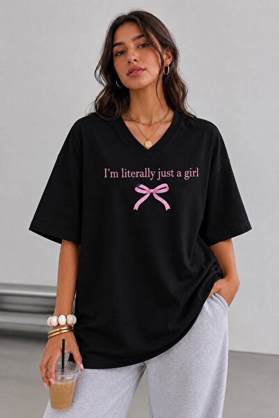 khufu Black V-Neck Oversize Cotton Im Literally Front Printed Relaxed Fit Uni...