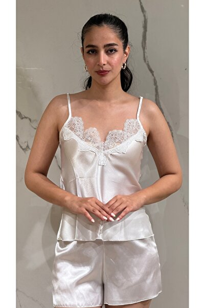 DAWN LİNE 6 Parça Güpür Dantelli Saten Gecelik Sabahlık Pijama Takım Şort Tak...