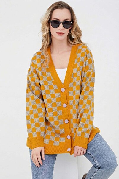 Fulla Moda Smiling Face Patterned Oversize Knitwear Cardigan