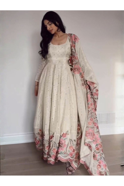 MYSMAR White Pure Chinon Silk Embroidered Gown Set - HRT5055 | White-Size:M-3...