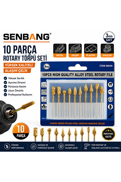 SENBANG 10 Parça Rotary Törpü Seti 3 mm Şaft Karbür Freze Uç Seti Ahşap Metal...