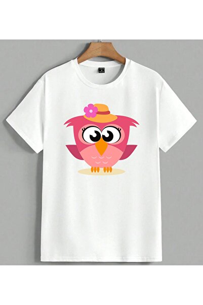 ELFERA Pink Owl Sari Sapka Line Print Unisex Oversize T-Shirt White