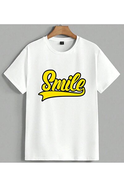 ELFERA Μπλουζάκι Smile Yazi Sari με στάμπα, Unisex, Oversize, Λευκό