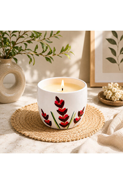 El Yapımı Seramik Kokulu Mum – Kırmızı Lavanta Desenli - %100 Doğal Soya Wax – Dekoratif Mum