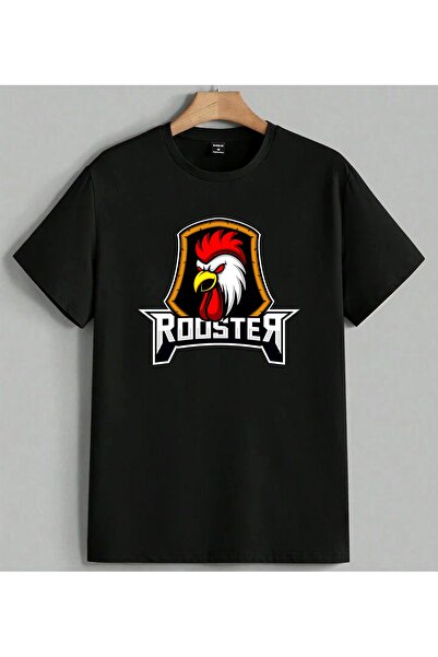 ELFERA تي شيرت Rooster Logo Red Rooster مطبوع للجنسين مقاس كبير باللون الأسود