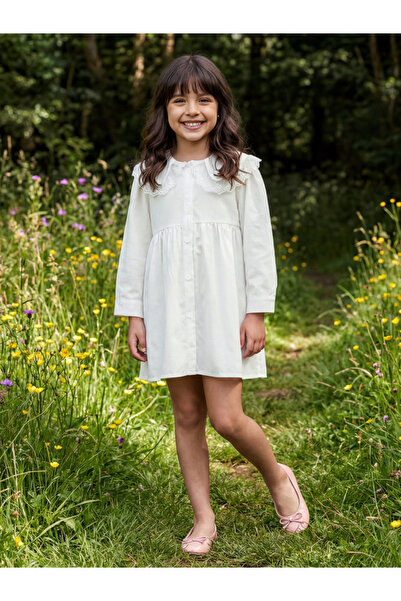 Globus By Styli Globus Girls White Peter Pan Collar Lace Insert Fit & Flare M...