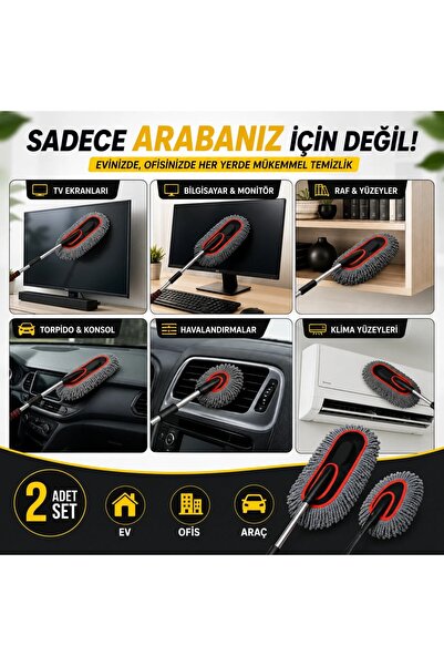 STANVOLT Teleskopik Saplı 2 Adet Mikrofiber Temizlik Fırça Seti İz Bırakmaz Çizmez Toz Alma Aparatı Araba Yıkama Ev Temizliği