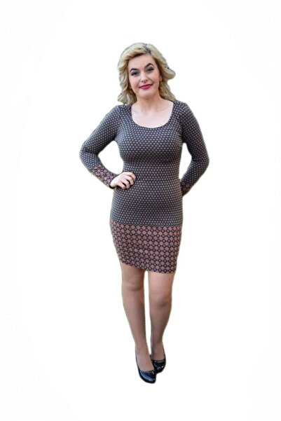 OEM Rochie casual, in tonuri caramizii cu model cuib de viespe