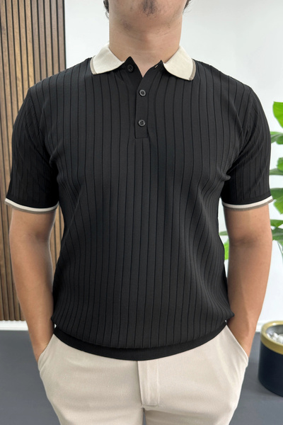 Edwox Men's Stripe Detailed Polo Collar T-Shirt Black Edw497