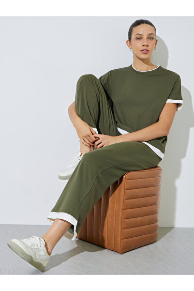 Styli Olive Contrast Trim Short Sleeves T-Shirt and Joggers Co-Ord Set
