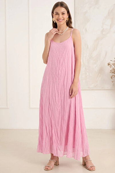 bysoca Women's Pink Crinkle Linen Textured Rope Strap Bohemian Long Dress Max...