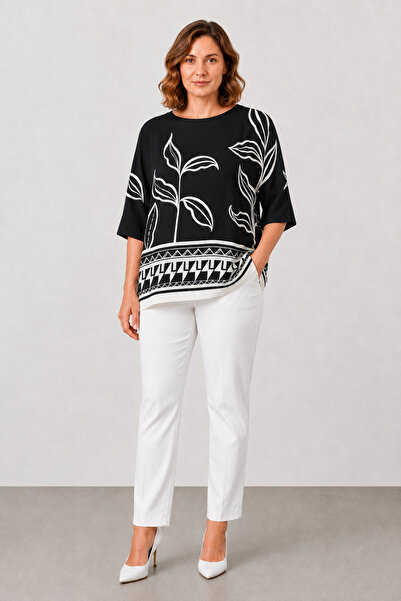 bihan store Women's Tropical Palm Patterned Ges Sleeve Viscose Blouse 24K-192...
