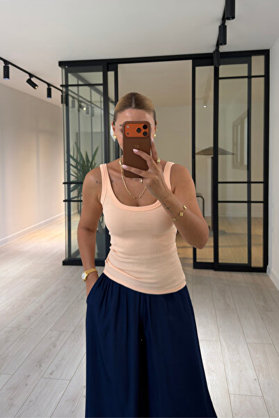 Sezgi Tekin Front and Back U-Neck Ribbed Salmon Basic Blouse