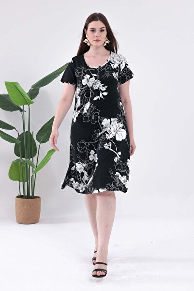 Madwilo Women's Black White Floral Pattern Large Size Stretchy Midi Dress